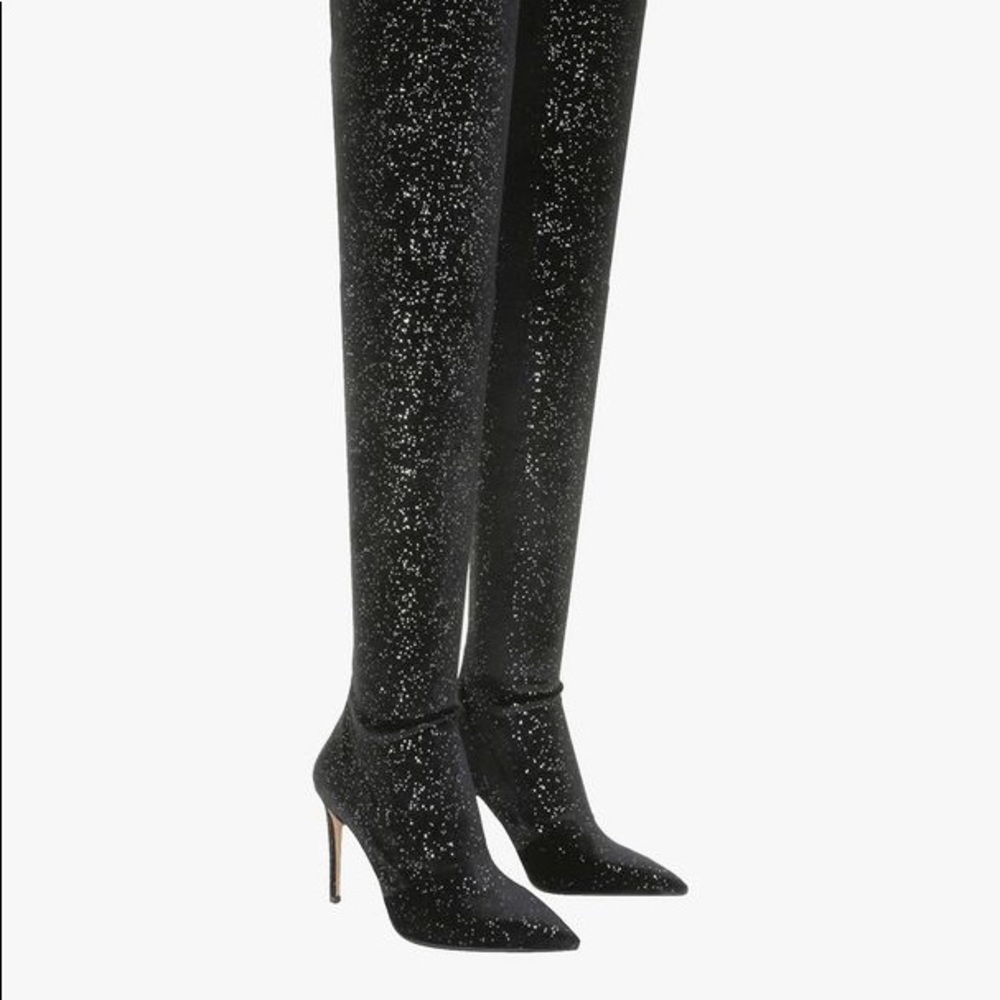 BALMAIN Amazone Thigh-High Glitter Velvet Boots